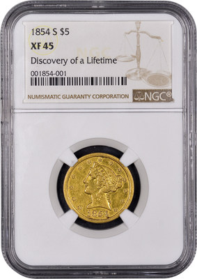 Mistakenly believed by its anonymous New England owner to be a fake, this historic gold coin now has been authenticated as “the discovery of a lifetime” by Numismatic Guaranty Corporation (www.NGCcoin.com) in Sarasota, Florida as only the fourth known surviving example of a $5 denomination coin struck at the San Francisco Mint during the California Gold Rush in 1854.  It is worth millions of dollars, according to NGC. Photos courtesy of Numismatic Guaranty Corporation www.NGCcoin.com.