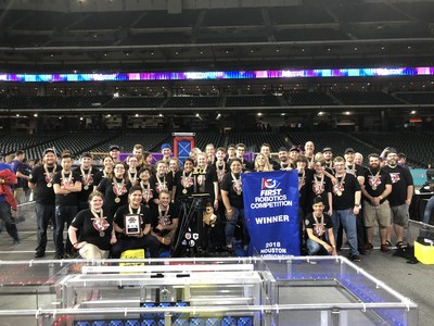 Pictured are the 2018 FIRST Robotics Champions, Team 148, the Robowranglers, and their robot, Uppercut. The team consists of High School students that work hand-in-hand with industry professionals to design, build, program, and compete with a robot in only six weeks.