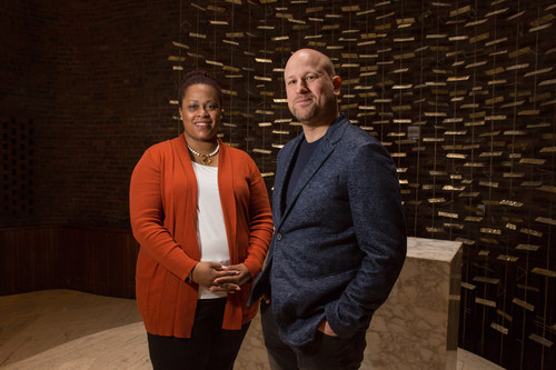 Humanist Chaplain Greg Epstein and Director of Religious Life Reverend Kristen Boswell Ford inside of the MIT Chapel, a non-denominational chapel located on the campus of the Massachusetts Institute of Technology.