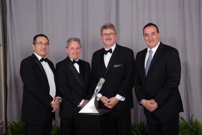 GM 2017 Supplier of the Year Award. From left, Rob Portugaise, GM Executive Director GPS Manufacturing Engineering; Jeff O'Brien, Global GM Account Manager, Carl Zeiss Industrial Metrology, LLC; Michael Kirchner, President, Carl Zeiss Industrial Metrology, LLC; Paris Pavlou, GM Executive Director-Global Purchasing and Supply Chain.