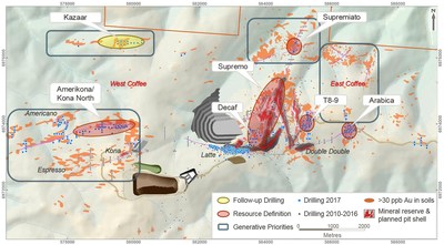 Figure 12: Coffee Project drilling location map and planned future mine infrastructure.  Drill collars highlighting drilling completed in 2017. (CNW Group/Goldcorp Inc.)