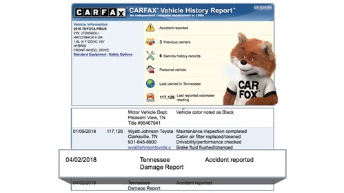 The Carfax Vehicle History Report containing the 20 billionth record reported to Carfax, an accident reported in Tennessee for a 2010 Toyota Prius.