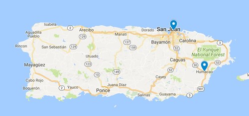 Locations of the first two of five total medical marijuana dispensaries that FFPR plans to open in Puerto Rico.