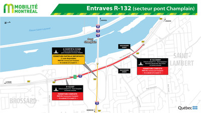 Entraves R-132 (secteur pont Champlain) (Groupe CNW/Ministère des Transports, de la Mobilité durable et de l'Électrification des transports)