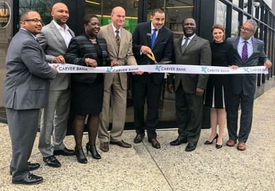 Photo from left to right: Charles Lockley, Carver Head of Portfolio Management; Steven Berrios, Carver Commercial Relationship Manager; Vedelyn Davis, Carver Retail District Manager; John Fitzpatrick, Carver Chief Operating Officer; Victor Taliaferrow, Carver Branch Manager for Crown Heights; Michael T. Pugh, Carver President & CEO; Stephanie Wilchfort, Brooklyn Children’s Museum President & CEO; & Niles Stewart, Carver Head of Commercial Lending