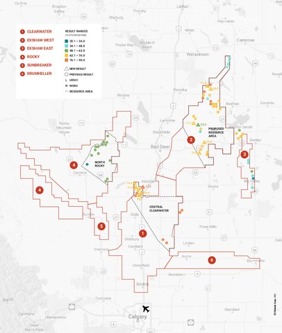 Figure 1: E3 Metals permit areas (red outline) with previously announced sampling results and new sampling results. Mineral resource areas are indicated with black dashed lines. (CNW Group/E3 Metals Corp.)