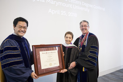 LMU honorary degree recipient Gail Abarbanel, founder and director of the Rape Treatment Center and Stuart House at Santa Monica-UCLA Medical Center, is pictured with Thomas Poon, Ph.D., LMU executive vice president and provost (left), and LMU President Timothy Law Snyder, Ph.D.
