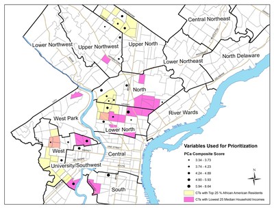Map of Prostate Cancer Burden in Philadelphia, by African American census tract (yellow), low socioeconomic status (pink), and highest prostate cancer burden using the Zeigler-Johnson score (black points). Image Credit: Russell McIntire, Jefferson (Philadelphia University + Thomas Jefferson University)