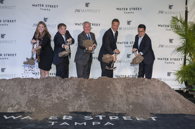 Cissy Proctor, Executive Director, Florida Department of Economic Opportunity; Jeff Vinik, Partner, Strategic Property Partners, LLC; Robert "Bob" Buckhorn, Mayor of Tampa; Arne Sorenson, President and Chief Executive Officer, Marriott International, Inc.; and James Nozar, CEO, Strategic Property Partners, LLC; break ground on the city's first JW Marriott, to be located within the Water Street Tampa neighborhood.