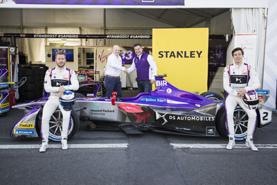 PARIS, FRANCE - APRIL 27: Alex Tai, Team Principal of the DS Virgin Racing Formula E Team with Mike Simpson, Chief Marketing Officer of Stanley Black & Decker, are joined by drivers Sam Bird and Alex Lynn beside the team’s all-electric Formula E car to mark the new partnership between the two ahead of Saturday’s Paris E-Prix.  [Left to right = Sam Bird, Mike Simpson, Alex Tai and Alex Lynn]