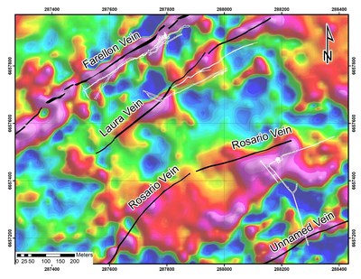 Figure 1. Map showing the correlation between ground magnetic anomalies (vertical derivative), mapped surface veins (in black colour), and underground workings (in white colour). (CNW Group/Altiplano Minerals)