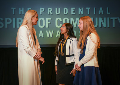 Olympic gold medalist and World Cup champion Lindsey Vonn congratulates Anjali Chadha, 15, of Louisville (center) and Rachel Ritchie, 14, of Vine Grove (right) on being named Kentucky's top two youth volunteers for 2018 by The Prudential Spirit of Community Awards. Anjali and Rachel were honored at a ceremony on Sunday, April 29 at the Smithsonian's National Museum of Natural History, where they each received a $1,000 award.
