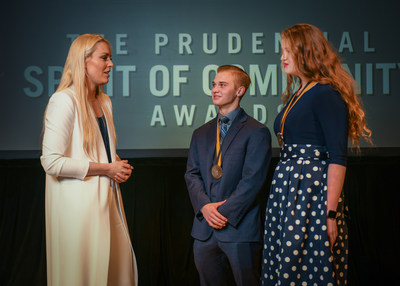 Olympic gold medalist and World Cup champion Lindsey Vonn congratulates Zane Magee, 17, of Montgomery (center) and Caroline Wells, 14, of Tyler (right) on being named Texas' top two youth volunteers for 2018 by The Prudential Spirit of Community Awards. Zane and Caroline were honored at a ceremony on Sunday, April 29 at the Smithsonian's National Museum of Natural History, where they each received a $1,000 award.