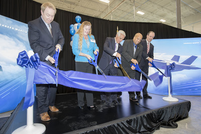 The ribbon is cut April 30 for a new Lockheed Martin manufacturing facility in Pinellas Park, Florida, that will create more than 80 new jobs by mid-2019 to support F-35 Lighting II production. Pictured, left to right: Greg Karol, Lockheed Martin Human Resources vice president, Pinellas Park Mayor Sandra Bradbury, U.S. Rep. Charlie Christ, Andre Trotter, André Trotter, Lockheed Martin Pinellas Park general manager, and Kevin McGagin, Lockheed Martin Production vice president.