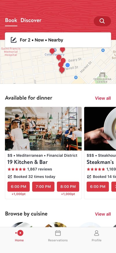 For diners looking to book now, the ‘Book’ tab allows them to see what’s nearby with a map layout, read reviews, check out photos, and see diverse dining options in neighborhoods around them.