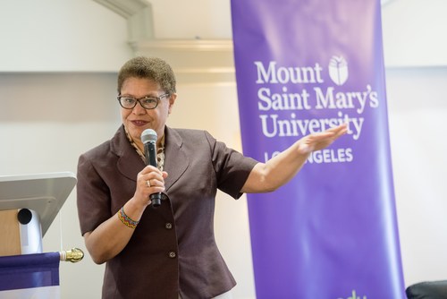 U.S. Rep. Karen Bass speaks about the need for more women to run, and serve, in elected office. On Saturday, April 28, Bass served as the opening keynote at Ready to Run, a nonpartisan campaign training program presented by the Center for the Advancement of Women at Mount Saint Mary's University in Los Angeles.