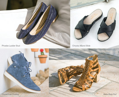 HUSH PUPPIES CELEBRATES 60 YEARS - SPRING/SUMMER 2018 WOMEN’S COLLECTION On-trend design, details and technology feature throughout the collection this season. Studs and ladder work on the Phoebe Ladder Stud ($89.95, top left); the sporty and stylish aesthetic of the Chrysta Xband Slide ($89.95, top right); the elegant perforations on the Malia Baja Perf ($99.95, bottom right) and the Chowchow Chukka ($109.95, bottom left) built with ZeroG® technology, the ultra-lightweight outsole.