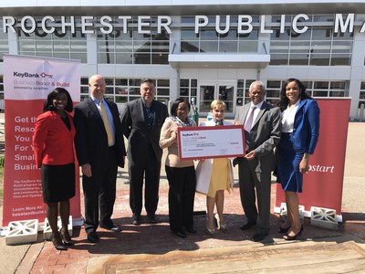 (Pictured from left) Kawanza Humphrey, VP Upstate Region CRO, KeyBank; Jim Barger, Rochester Market President, KeyBank; Julio Saenz, Chief of Marketing and Development, Ibero; Shelia James, VP Program Planning, Research and Evaluation, Urban League of Rochester; Hilda Escher, President & CEO, Ibero; William Clarke, CEO, Urban League of Rochester; Tamika Otis, Program Manager, KeyBank Business, Boost & Build NY, JumpStart.