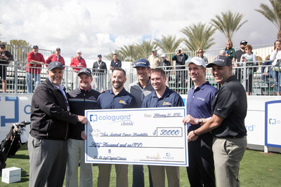 Tucson Conquistadores and Cologuard present $50,000 check from the Cologuard Classic to MVP quarterback Aaron Rodgers, and Ben Haas and Paul Soltwedel of the Vince Lombardi Cancer Foundation. (From L-R: Jose Rincon, president, Tucson Conquistadores; Jerry Kelly; Ben Haas; Aaron Rodgers; Paul Soltwedel; Kevin Conroy, chief executive officer, and Maneesh Arora, chief operating officer, Cologuard.)