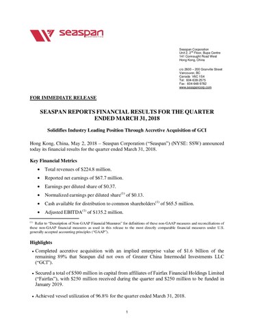 Seaspan Reports Financial Results for the Quarter Ended March 31, 2018 (CNW Group/Seaspan Corporation)