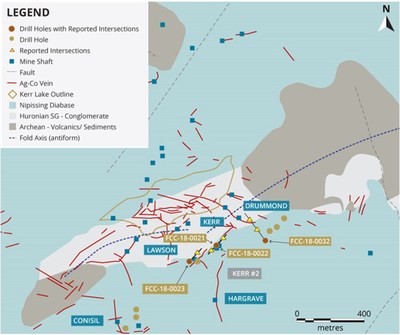 Figure 1. Bedrock geology and location of drilling stations in the Kerr #2 target area. Silver-cobalt veins are compiled from historic maps and locations should not be considered exact. (CNW Group/First Cobalt Corp.)