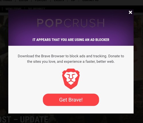 Example of the overlay that ad blocking users will view on PopCrush.com.
