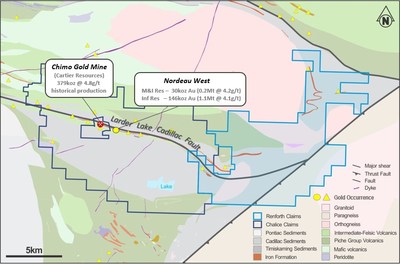 Figure 1: East Cadillac Project location map including the newly-acquired Denain-Pershing claims. (CNW Group/Chalice Gold Mines Limited)