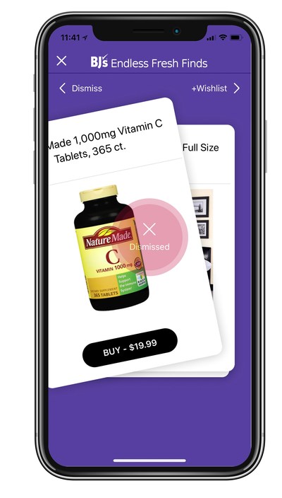 BJ's Wholesale Club's new discover feature on its mobile app lets shoppers explore new products and easily swipe right to add to a wishlist or left to dismiss a product.