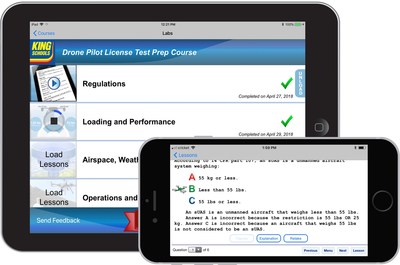 Screen Shots of the recently released KING Companion App for the King Schools’ Online Drone Pilot License Test Prep Course. The app enables drone pilots who are preparing for the FAA Part 107 Remote Pilot Knowledge Testto download their lessons, including all text, graphics, videos and post lesson quizzes, and take them when offline. When back online, course progress is automatically synchronized with King’s servers and available from any other device.