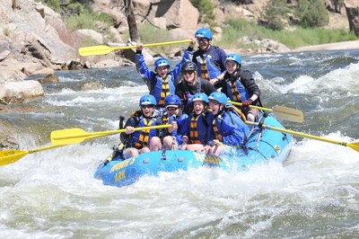A commercial raft goes down Zoom Flume rapid on the Arkansas River in Browns Canyon National Monument near Buena Vista, Colorado.