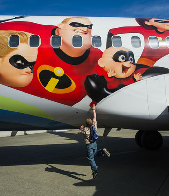 The Incredibles 2-themed plane, Alaska’s first Disney•Pixar film livery, is a crowd favorite among the 2,000  students attending Alaska Airlines' Aviation Day.