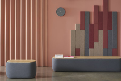 Breck Benches from Hightower, designed by Most Modest. Shown here with Timber, Hightower's sound-absorbing, modular wall and ceiling panels.