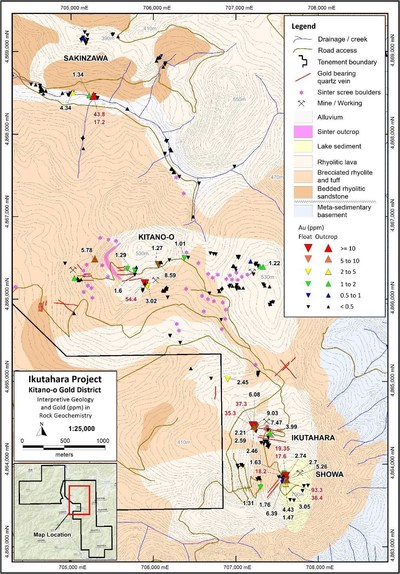 Figure 2: Kitano-o Gold District, Significant Gold Results from Surface Rock Sampling on Simplified Geology (CNW Group/Japan Gold Corp.)