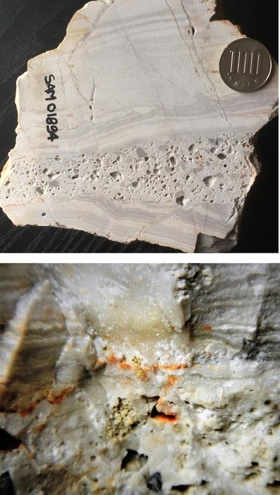 Figure 4a and 4b: Showa mine dump sample, visible gold in thin quartz stockworks cutting silicified laminated mudstone (top image), field of view in bottom image is about 10 cm; SAM01894: 19.35 g/t Au, 8.49 g/t Ag (CNW Group/Japan Gold Corp.)
