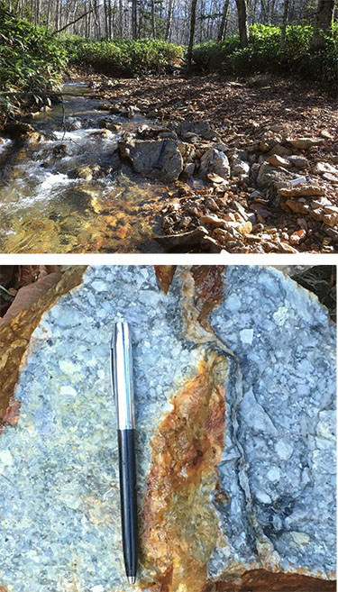 Figure 5a and 5b: Gold-bearing quartz stockwork (bottom image) from altered rhyolitic volcanic breccia outcrop (top image); SAM02069: 17.2 g/t Au, 15.85 g/t Ag, 452 ppm As, 20 ppm Sb (CNW Group/Japan Gold Corp.)