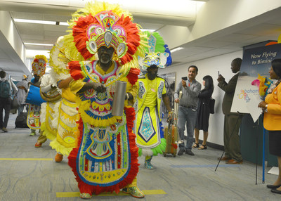 Bahamasair celebrates the Bimini launch with a Junkanoo band.