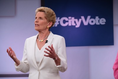 Kathleen Wynne, leader of the Ontario Liberal Party, takes part in #CityVote: The Debate at the City and OMNI Television Studio. This was the first televised debate ahead of June's election for the new Premier of Ontario. (CNW Group/Rogers Media)