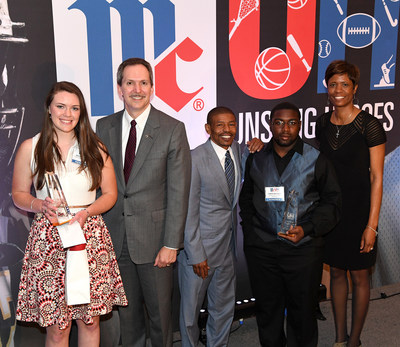From L to R: Natalie Bates, Charles Perry McCormick Scholarship winner; Lawrence Kurzius, McCormick Chairman, President and CEO; Tyrone "Muggsy" Bogues, Keynote speaker; Jamar Mackell,  Charles Perry McCormick Scholarship winner; Lori Robinson, McCormick Vice President of Corporate Branding, Communications and Community Relations