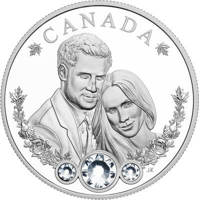 The Royal Canadian Mint’s fine silver coin celebrating the royal wedding of Prince Harry and Ms Meghan Markle (CNW Group/Royal Canadian Mint)