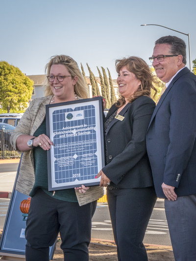 ENGIE Services U.S. Vice President Courtney Jenkins presents solar plaque to Soledad USD Board President Josie-Perez Aguilera and Soledad USD Superintendent Tim Vanoli in recognition of the completion of the District's 1.14 MW solar program.