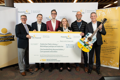 Gilles LePage, Minister of Labour, Employment and Population Growth; Paul Joliat, Assistant Vice-President, Philanthropy and Sponsorships, Sun Life Financial; David Myles, Juno and East Coast Music Award-winning artist; Julia Stewart, Library Director, Fredericton Public Library; Jon Holt, Chair, Fredericton Library Board;
Mike OBrien, Mayor, City of Fredericton (CNW Group/Sun Life Financial Canada)