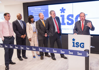 Information Services Group (ISG) Chairman and CEO Michael P. Connors is shown speaking at the grand opening celebration of ISG's new global headquarters at 2187 Atlantic Street in Stamford, Connecticut, on May 9, 2018. With Connors are (from left) Michael Handler, chief financial officer of the City of Stamford; Michael Pollard, chief of staff to Stamford Mayor David R. Martin; Gloria DePina, member of the Stamford Board of Representatives and an aide to U.S. Representative Jim Himes; Thomas Madden, director of economic development for the City of Stamford; and Stamford Mayor David R. Martin. The officials were on hand to mark the opening of ISG's new state-of-the art facility, a digital showcase for the Workplace of the Future, in the Harbor Point area of Stamford. ISG is a leading global technology research and advisory firm and a trusted business partner to more than 700 clients, including 75 of the top 100 enterprises in the world.