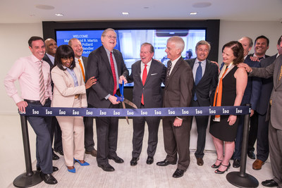 Michael P. Connors (center), chairman and CEO of Information Services Group (ISG), is shown with Stamford Mayor David R. Martin (holding scissors) as they are about to cut the ribbon to mark the official opening of ISG's new global headquarters at 2187 Atlantic Street in Stamford, Connecticut, on May 9, 2018. Local officials and members of the ISG Executive Board join with Connors and Martin in the celebration. ISG's new state-of-the art facility in the Harbor Point area of Stamford is a digital showcase for the Workplace of the Future. ISG is a leading global technology research and advisory firm and a trusted business partner to more than 700 clients, including 75 of the top 100 enterprises in the world.