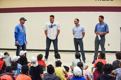 Former Royals outfielder Les Norman, Royals pitcher Brad Keller, and Royals trainers Sean Bardenett and Dylan Wilson talk to local kids about staying healthy and fit for the Sun Life Home Run to Health program.