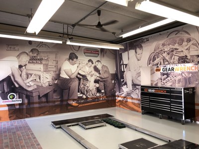 New Schmidt Peterson Motorsports Gasoline Alley garage design at Indianapolis Motor Speedway featuring GEARWRENCH tools and rolling tool chest.