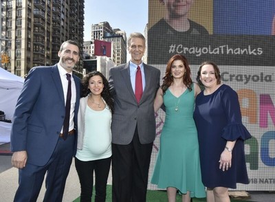 Crayola executives Joshua Kroo and Kim Rompilla joined actress Debra Messing to thank her favorite teacher, Jim Metcalfe, and 2018 Pennsylvania Teacher of The Year, Jennifer Wahl, at an event on May 8, 2018 in New York City. (Photo by Eugene Gologursky/Getty Images for Crayola)