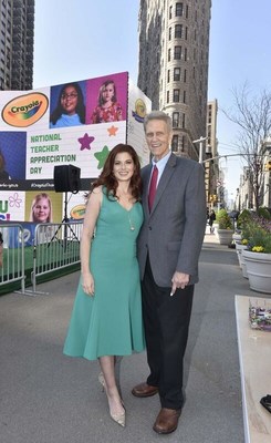 In celebration of Crayola's Thank A Teacher initiative, actress Debra Messing said thank you to Jim Metcalfe, her high school drama teacher, to help Crayola reach its goal of thanking one million teachers nationwide. Say thank you to a teacher who inspired you on social media by sharing your own personal story with the hashtag #CrayolaThanks. (Photo by Eugene Gologursky/Getty Images for Crayola)