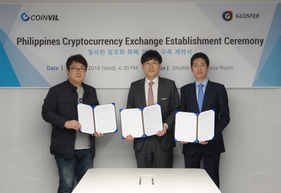 Philippines Cryptocurrency Exchange Establishment Ceremony (From left to right, Kim Byungcheol, VP of GLOSFER; Park Rae-hyun, CEO of COINVIL; Chang Joonhyuk, Executive of COINVIL)