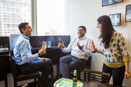 Bira 91 CEO Ankur Jain (center) at the Sequoia India office alongside members of their board, Abhay Pandey (left), and Sakshi Chopra (right)