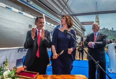 Viking Chairman Torstein Hagen (right), with Sissel Kyrkjebø (middle), renowned Norwegian soprano, and Fincantieri Director Giovanni Stecconi (left), during the “float out” ceremony of Viking's sixth ocean ship. Sissel Kyrkjebø will be honored as the ship’s godmother and assisted with the ceremony. The 930-guest Viking Jupiter will debut in early 2019. Visit www.vikingcruises.com for more information.